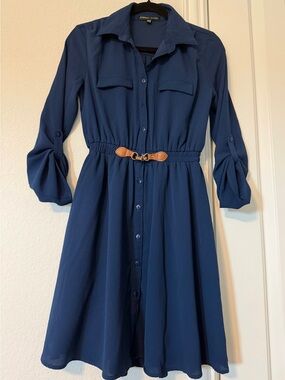 Button-Front Navy Midi Shirt Dress with Tan Buckle Belt